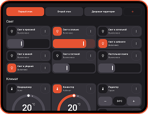 Панель управления умным домом с Алисой: освещение, карнизы, ворота с одной панели.